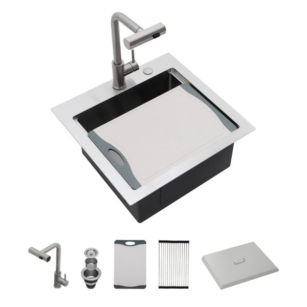 Sarlai Outdoor Sink - 21 x 20 Inch Drop In Workstation Kitchen Sink with Dust Lid and Faucet 16 Gauge Stainless Steel Single Bowl Bar Basin with Cutting Board BBQ Basin Outside - Image 2
