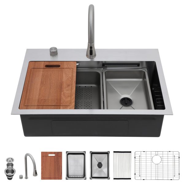 Sarlai 31 Inch Waterfall Kitchen Sink Drop In - 31x20 Waterfall Sink Ledge Workstation Stainless Steel 16 Gauge Multifunction Single Bowl Top Mount Kitchen Basin with Faucet Combo - Image 9