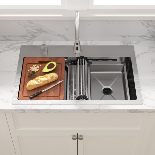 Sarlai 31 Inch Waterfall Kitchen Sink Drop In - 31x20 Waterfall Sink Ledge Workstation Stainless Steel 16 Gauge Multifunction Single Bowl Top Mount Kitchen Basin with Faucet Combo - Image 2