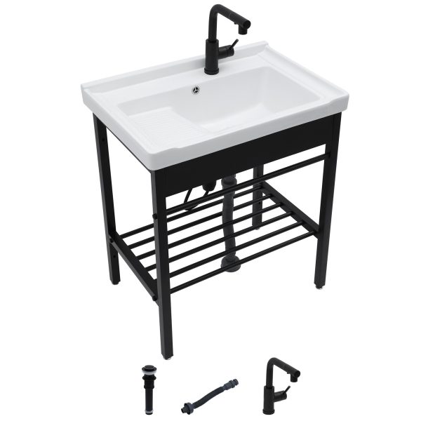 Sarlai Freestanding Utility Sink - Ceramic Laundry Sink with Washboard Set with Bracket, Freestanding Sinks with Pull-out Faucet 28 x 19 x 32.3 Inch for Laundry Utility Room Outdoor and Indoor - Image 2