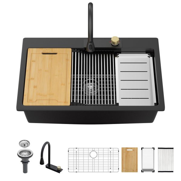 Sarlai Waterfall Kitchen Sink Granite Composite Sink 33 Inch Drop In Topmount Workstation Sink with Faucet Granite Sink Matte Black Kitchen Sink Quartz Single Bowl Multifunction Sink with Waterfall - Image 5