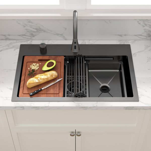 Sarlai 31 Inch Black Waterfall Kitchen Sink Drop In - 31x20 Inch Drop In Waterfall Sink Ledge Workstation Black Stainless Steel 16 Guage Single Bowl Kitchen Basin with Faucet - Image 2