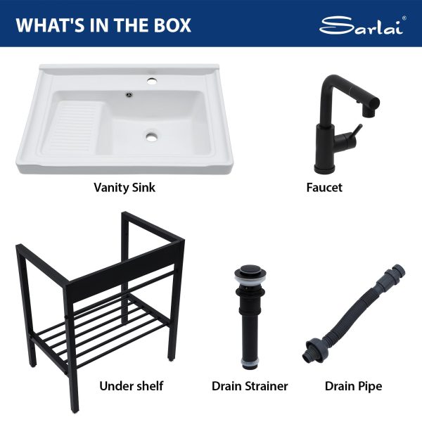 Sarlai Freestanding Utility Sink - Ceramic Laundry Sink with Washboard Set with Bracket, Freestanding Sinks with Pull-out Faucet 28 x 19 x 32.3 Inch for Laundry Utility Room Outdoor and Indoor - Image 9