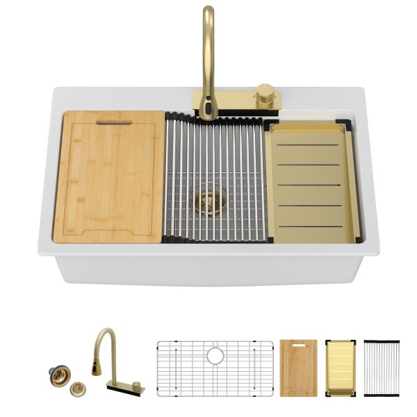 Sarlai Waterfall Kitchen Sink Granite Composite Sink 33 Inch Drop In Workstation Sink with Faucet White Kitchen Sink Quartz Classic Single Bowl Topmount Multifunction Sink with Waterfall - Image 9