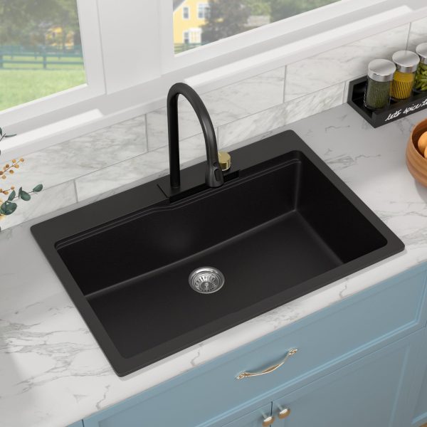 Sarlai Waterfall Kitchen Sink Granite Composite Sink 33 Inch Drop In Topmount Workstation Sink with Faucet Granite Sink Matte Black Kitchen Sink Quartz Single Bowl Multifunction Sink with Waterfall - Image 8