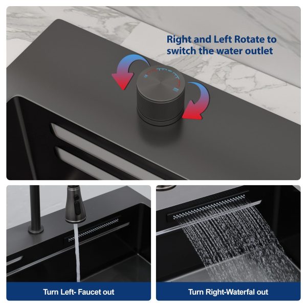 Sarlai 31 Inch Black Waterfall Kitchen Sink Drop In - 31x20 Inch Drop In Waterfall Sink Ledge Workstation Black Stainless Steel 16 Guage Single Bowl Kitchen Basin with Faucet - Image 4