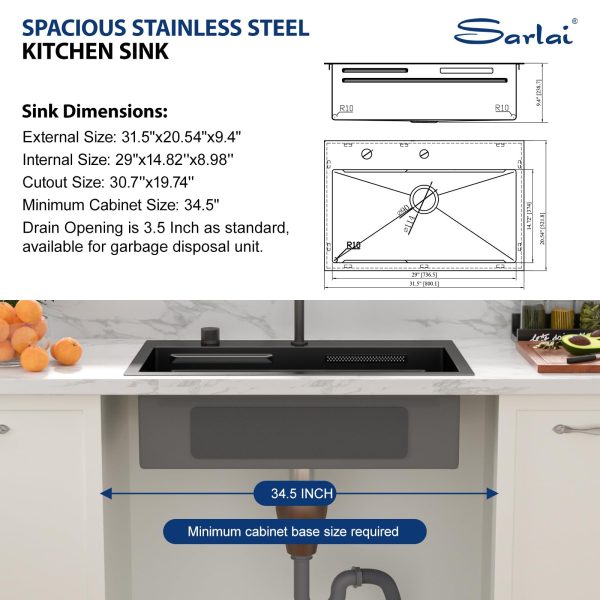 Sarlai 31 Inch Black Waterfall Kitchen Sink Drop In - 31x20 Inch Drop In Waterfall Sink Ledge Workstation Black Stainless Steel 16 Guage Single Bowl Kitchen Basin with Faucet - Image 8