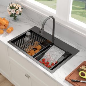 Sarlai 31 Inch Black Waterfall Kitchen Sink Drop In - 31x20 Inch Drop In Waterfall Sink Ledge Workstation Black Stainless Steel 16 Guage Single Bowl Kitchen Basin with Faucet