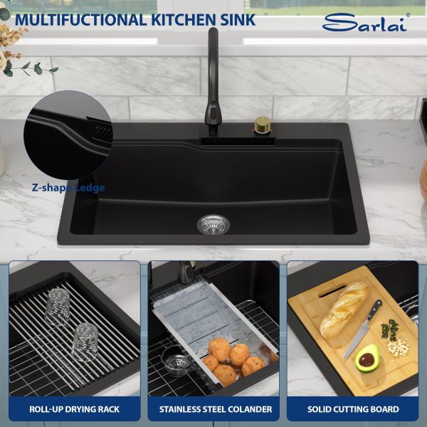 Sarlai Waterfall Kitchen Sink Granite Composite Sink 33 Inch Drop In Topmount Workstation Sink with Faucet Granite Sink Matte Black Kitchen Sink Quartz Single Bowl Multifunction Sink with Waterfall - Image 2