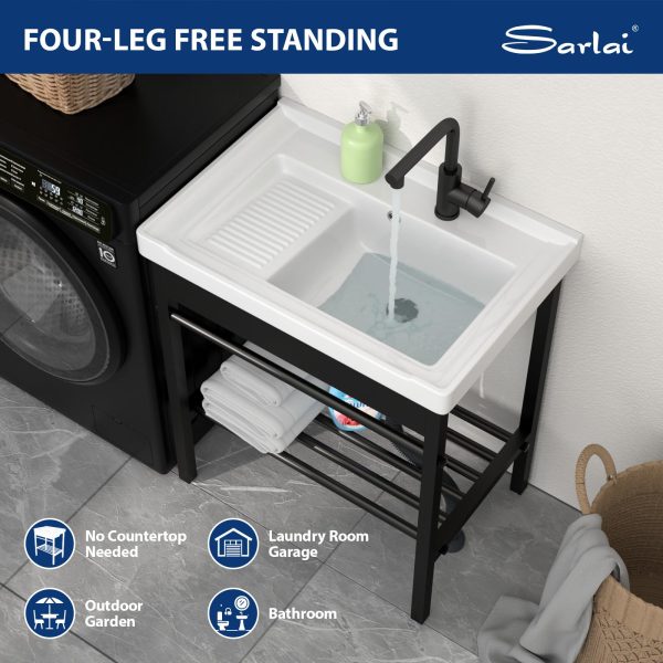 Sarlai Freestanding Utility Sink - Ceramic Laundry Sink with Washboard Set with Bracket, Freestanding Sinks with Pull-out Faucet 28 x 19 x 32.3 Inch for Laundry Utility Room Outdoor and Indoor - Image 6