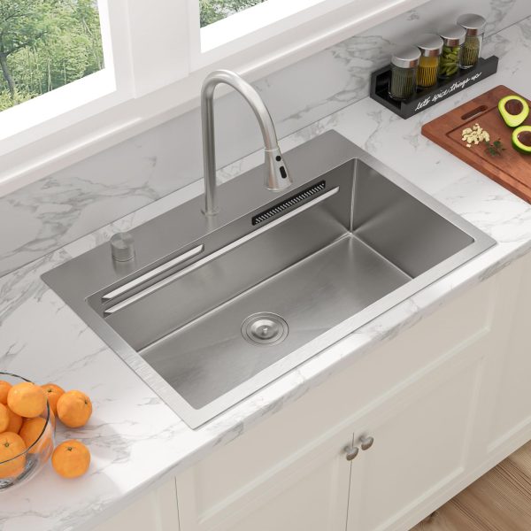 Sarlai 31 Inch Waterfall Kitchen Sink Drop In - 31x20 Waterfall Sink Ledge Workstation Stainless Steel 16 Gauge Multifunction Single Bowl Top Mount Kitchen Basin with Faucet Combo - Image 3