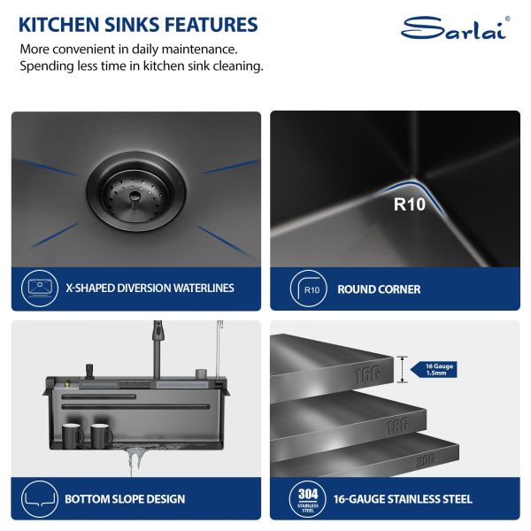Sarlai Waterfall Kitchen Sink - 30 Inch Drop In Workstation Sink With Waterfall Black Stainless Steel 16 Gauge Multifunction Single Bowl Smart Top Mount Kitchen Sinks with Mechanical Keys 30x19 Inch - Image 8