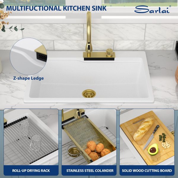 Sarlai Waterfall Kitchen Sink Granite Composite Sink 33 Inch Drop In Workstation Sink with Faucet White Kitchen Sink Quartz Classic Single Bowl Topmount Multifunction Sink with Waterfall - Image 2