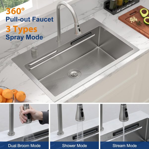 Sarlai 31 Inch Waterfall Kitchen Sink Drop In - 31x20 Waterfall Sink Ledge Workstation Stainless Steel 16 Gauge Multifunction Single Bowl Top Mount Kitchen Basin with Faucet Combo - Image 7