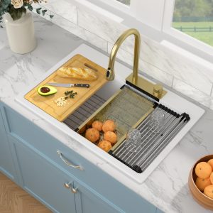 Sarlai Waterfall Kitchen Sink Granite Composite Sink 33 Inch Drop In Workstation Sink with Faucet White Kitchen Sink Quartz Classic Single Bowl Topmount Multifunction Sink with Waterfall