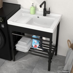 Sarlai Freestanding Utility Sink - Ceramic Laundry Sink with Washboard Set with Bracket, Freestanding Sinks with Pull-out Faucet 28 x 19 x 32.3 Inch for Laundry Utility Room Outdoor and Indoor