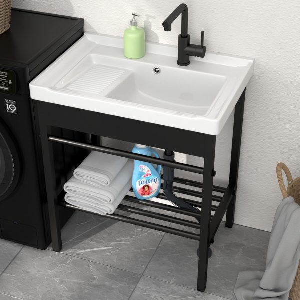 Sarlai Freestanding Utility Sink - Ceramic Laundry Sink with Washboard Set with Bracket, Freestanding Sinks with Pull-out Faucet 28 x 19 x 32.3 Inch for Laundry Utility Room Outdoor and Indoor
