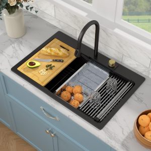 Sarlai Waterfall Kitchen Sink Granite Composite Sink 33 Inch Drop In Topmount Workstation Sink with Faucet Granite Sink Matte Black Kitchen Sink Quartz Single Bowl Multifunction Sink with Waterfall
