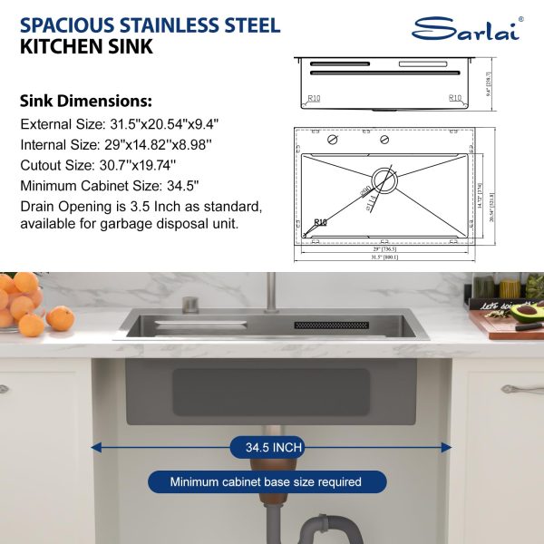Sarlai 31 Inch Waterfall Kitchen Sink Drop In - 31x20 Waterfall Sink Ledge Workstation Stainless Steel 16 Gauge Multifunction Single Bowl Top Mount Kitchen Basin with Faucet Combo - Image 8