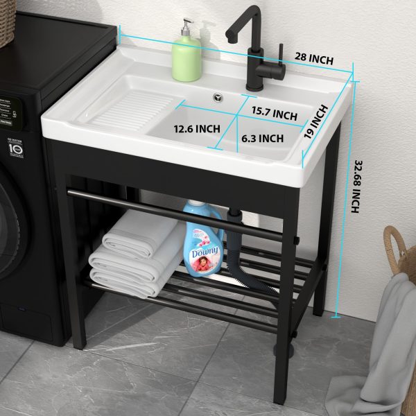 Sarlai Freestanding Utility Sink - Ceramic Laundry Sink with Washboard Set with Bracket, Freestanding Sinks with Pull-out Faucet 28 x 19 x 32.3 Inch for Laundry Utility Room Outdoor and Indoor - Image 3