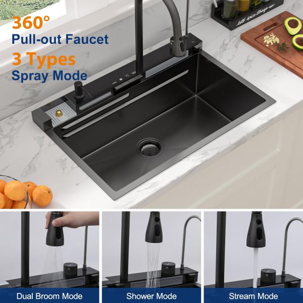 Sarlai Waterfall Kitchen Sink - 30 Inch Drop In Workstation Sink With Waterfall Black Stainless Steel 16 Gauge Multifunction Single Bowl Smart Top Mount Kitchen Sinks with Mechanical Keys 30x19 Inch - Image 7