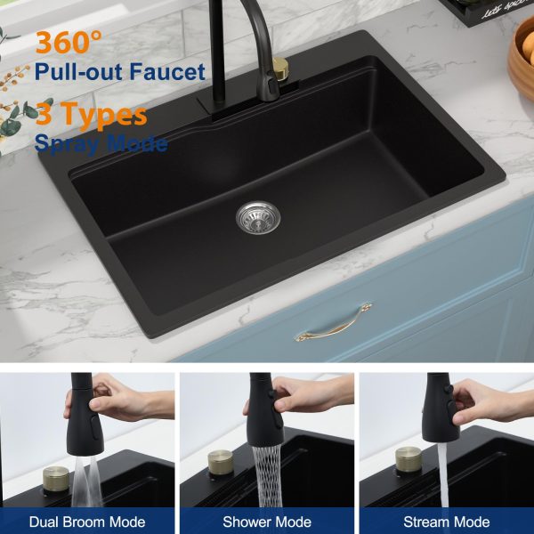 Sarlai Waterfall Kitchen Sink Granite Composite Sink 33 Inch Drop In Topmount Workstation Sink with Faucet Granite Sink Matte Black Kitchen Sink Quartz Single Bowl Multifunction Sink with Waterfall - Image 3