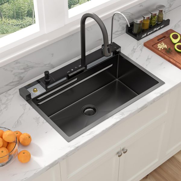 Sarlai Waterfall Kitchen Sink - 30 Inch Drop In Workstation Sink With Waterfall Black Stainless Steel 16 Gauge Multifunction Single Bowl Smart Top Mount Kitchen Sinks with Mechanical Keys 30x19 Inch - Image 4