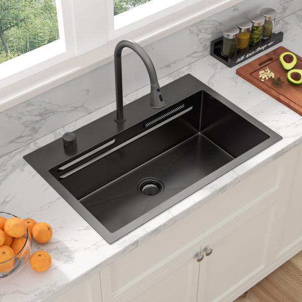 Sarlai 31 Inch Black Waterfall Kitchen Sink Drop In - 31x20 Inch Drop In Waterfall Sink Ledge Workstation Black Stainless Steel 16 Guage Single Bowl Kitchen Basin with Faucet - Image 3