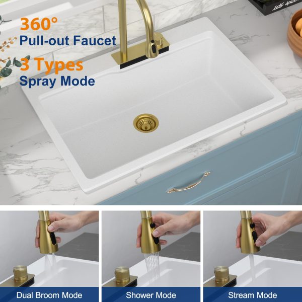 Sarlai Waterfall Kitchen Sink Granite Composite Sink 33 Inch Drop In Workstation Sink with Faucet White Kitchen Sink Quartz Classic Single Bowl Topmount Multifunction Sink with Waterfall - Image 4