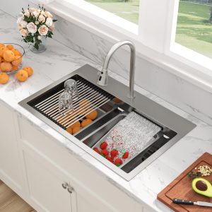 Sarlai 31 Inch Waterfall Kitchen Sink Drop In - 31x20 Waterfall Sink Ledge Workstation Stainless Steel 16 Gauge Multifunction Single Bowl Top Mount Kitchen Basin with Faucet Combo
