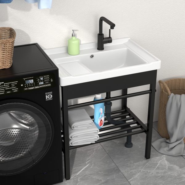 Sarlai Freestanding Utility Sink - Ceramic Laundry Sink with Washboard Set with Bracket, Freestanding Sinks with Pull-out Faucet 28 x 19 x 32.3 Inch for Laundry Utility Room Outdoor and Indoor - Image 4