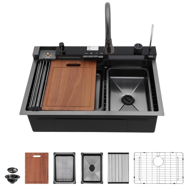 Sarlai Waterfall Kitchen Sink - 30 Inch Drop In Workstation Sink With Waterfall Black Stainless Steel 16 Gauge Multifunction Single Bowl Smart Top Mount Kitchen Sinks with Mechanical Keys 30x19 Inch - Image 3