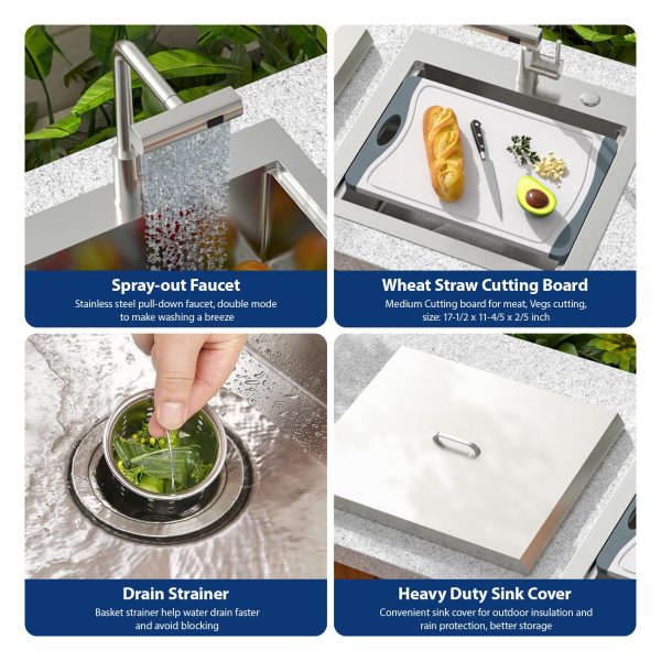 Sarlai Outdoor Sink - 21 x 20 Inch Drop In Workstation Kitchen Sink with Dust Lid and Faucet 16 Gauge Stainless Steel Single Bowl Bar Basin with Cutting Board BBQ Basin Outside - Image 7
