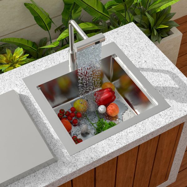 Sarlai Outdoor Sink - 21 x 20 Inch Drop In Workstation Kitchen Sink with Dust Lid and Faucet 16 Gauge Stainless Steel Single Bowl Bar Basin with Cutting Board BBQ Basin Outside - Image 3