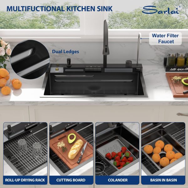 Sarlai Waterfall Kitchen Sink - 30 Inch Drop In Workstation Sink With Waterfall Black Stainless Steel 16 Gauge Multifunction Single Bowl Smart Top Mount Kitchen Sinks with Mechanical Keys 30x19 Inch - Image 6