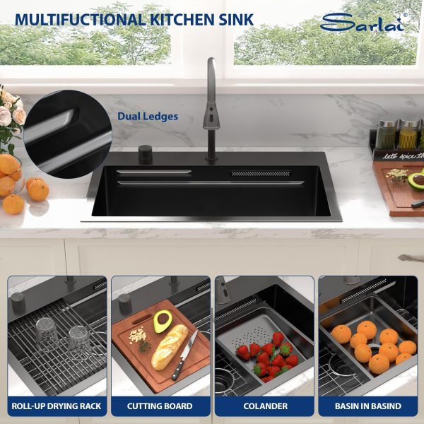 Sarlai 31 Inch Black Waterfall Kitchen Sink Drop In - 31x20 Inch Drop In Waterfall Sink Ledge Workstation Black Stainless Steel 16 Guage Single Bowl Kitchen Basin with Faucet - Image 6