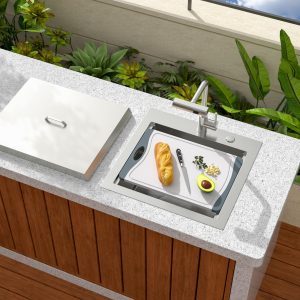 Sarlai Outdoor Sink - 21 x 20 Inch Drop In Workstation Kitchen Sink with Dust Lid and Faucet 16 Gauge Stainless Steel Single Bowl Bar Basin with Cutting Board BBQ Basin Outside