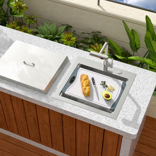Sarlai Outdoor Sink - 21 x 20 Inch Drop In Workstation Kitchen Sink with Dust Lid and Faucet 16 Gauge Stainless Steel Single Bowl Bar Basin with Cutting Board BBQ Basin Outside