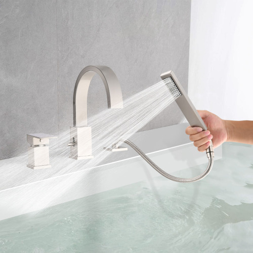 Waterfall Bathtub Faucet with Sprayer, 3-Hole Roman Tub Filler with Hand Shower Deck Mount Waterfall Tub Spout Set - Image 8