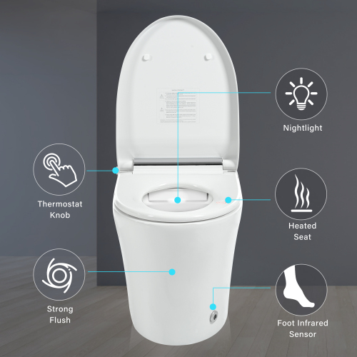 Smart toilet with Built-in Heated Seat, One Piece Elongated Modern Toilet with Adjustable Temp Heated Seat, Auto Flush, Dual Flush Toilet 1/1.28 GPF, Foot sensor Flush, White Night Light,Knob Control - Image 5