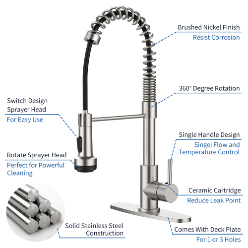 Kitchen Faucet with Pull Down Sprayer and 4 Spraying Modes Single Handle Commercial Spring Kitchen Sink Faucet Brushed Nickel 1 or 3 Hole - Image 5