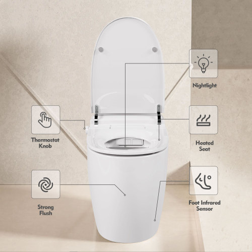 Heated Seat Smart Toilet, One Piece Toilet, Automatic Flush Tank Less Toilet without Bidet, with Foot sensor Flush, White Night Light, Knob Control, Power Outage Flushing, Soft Close Cover,White - Image 2