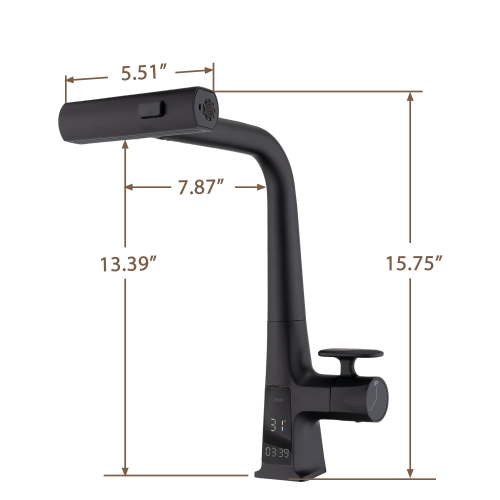 Matte Black Waterfall Kitchen Faucet with Temperature Display, Single Handle Kitchen Faucet with Pull Down Sprayer, Modern Kitchen Sink Faucet, Three Water Outlet Modes - Image 7