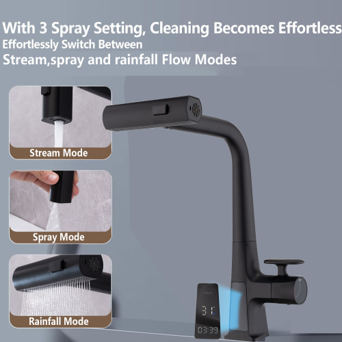Matte Black Waterfall Kitchen Faucet with Temperature Display, Single Handle Kitchen Faucet with Pull Down Sprayer, Modern Kitchen Sink Faucet, Three Water Outlet Modes - Image 3