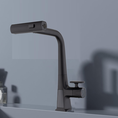 Matte Black Waterfall Kitchen Faucet with Temperature Display, Single Handle Kitchen Faucet with Pull Down Sprayer, Modern Kitchen Sink Faucet, Three Water Outlet Modes - Image 2