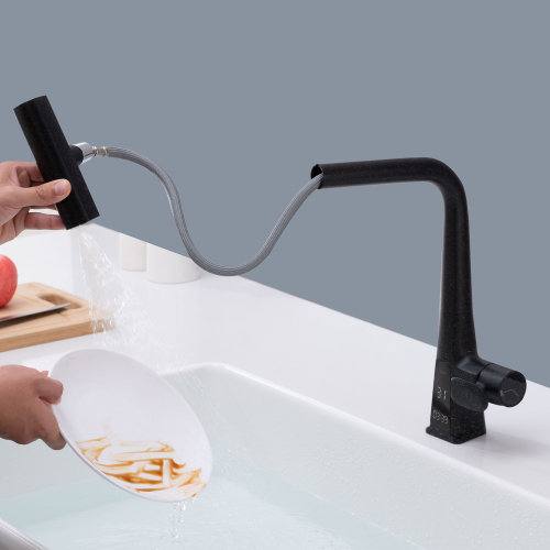Matte Black Waterfall Kitchen Faucet with Temperature Display, Single Handle Kitchen Faucet with Pull Down Sprayer, Modern Kitchen Sink Faucet, Three Water Outlet Modes - Image 5