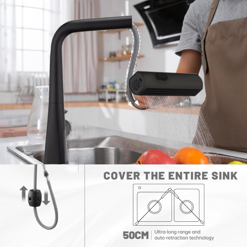 Matte Black Waterfall Kitchen Faucet with Temperature Display, Single Handle Kitchen Faucet with Pull Down Sprayer, Modern Kitchen Sink Faucet, Three Water Outlet Modes - Image 6