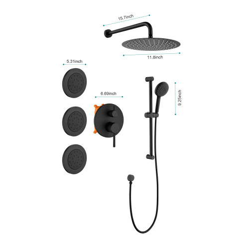 Shower System with Shower Head, Hand Shower, Slide Bar, Bodysprays, Shower Arm, Hose, Valve Trim, and Lever Handles - Image 8