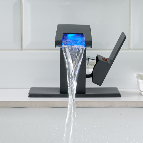 Bathroom Sink Faucet LED Light 3 Colors Changing Waterfall Glass Spout Hot Cold Water Mixer Single Handle One Hole Deck Mounted Bathroom Faucet Black Lavatory Vanity Basin Bath Plumbing Fixtures - Image 5