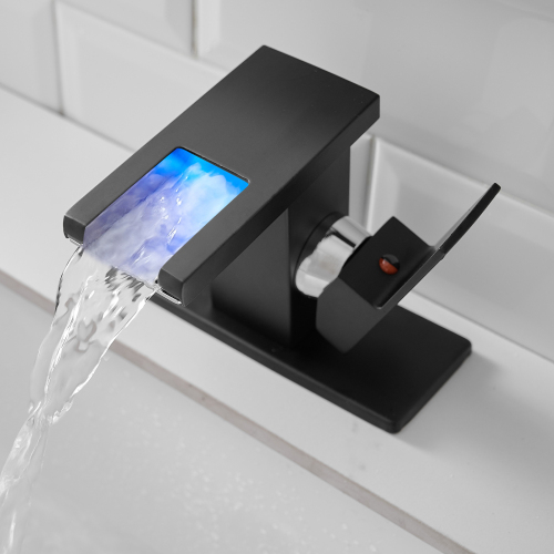 Bathroom Sink Faucet LED Light 3 Colors Changing Waterfall Glass Spout Hot Cold Water Mixer Single Handle One Hole Deck Mounted Bathroom Faucet Black Lavatory Vanity Basin Bath Plumbing Fixtures - Image 7